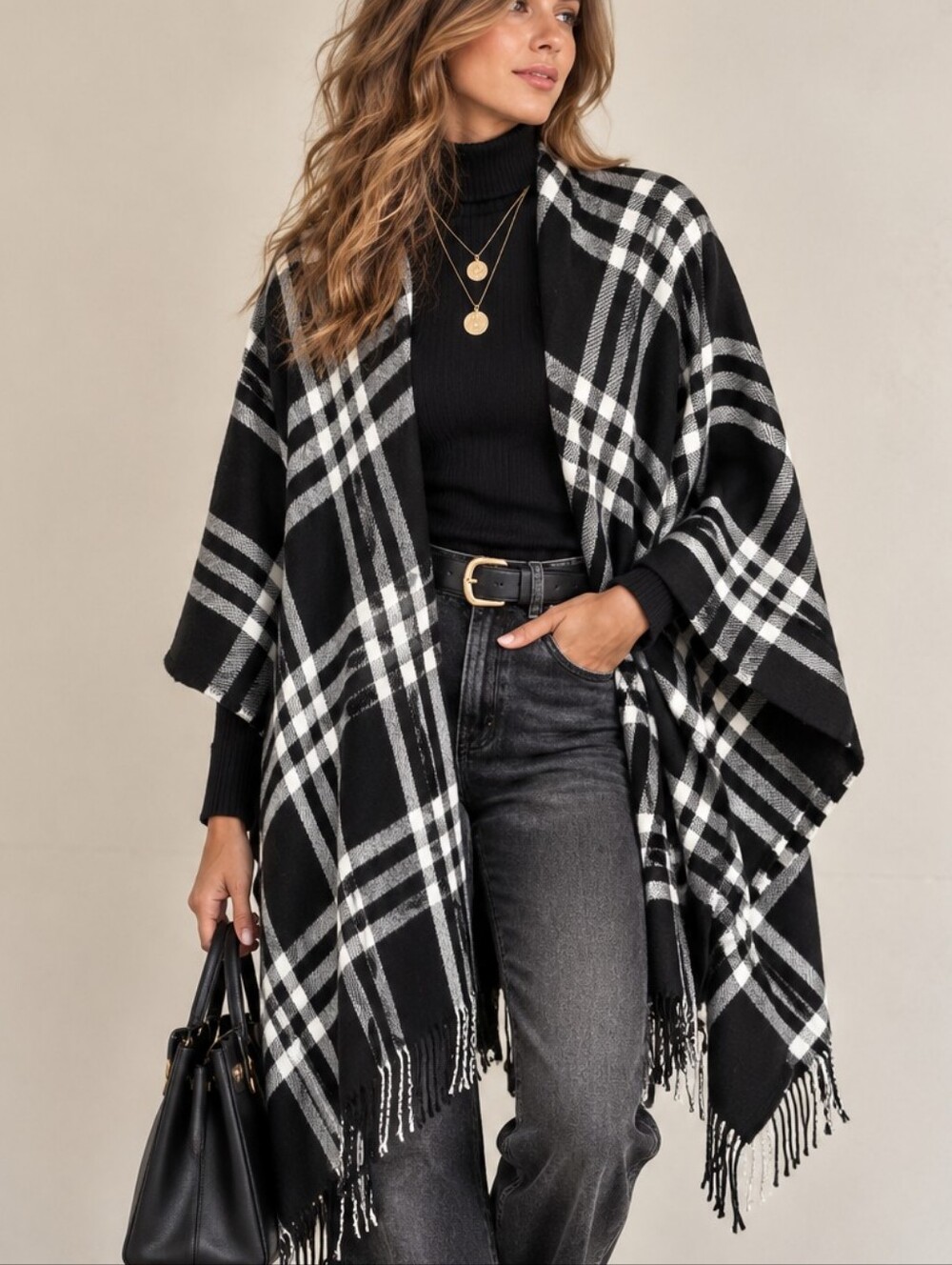 Cape Open Front Black White Plaid Long